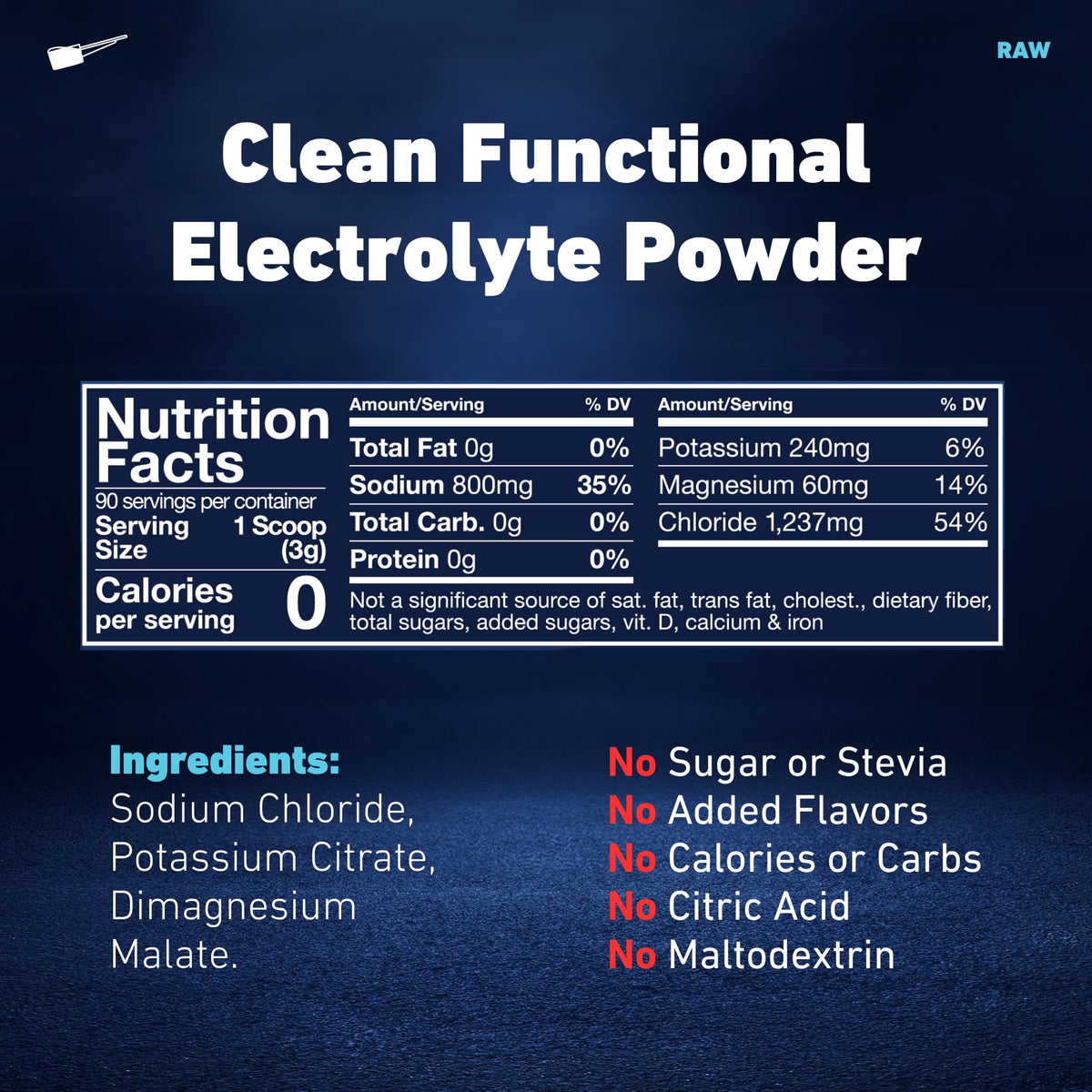 Nutrition Facts for Raw Unflavored: 90 servings per jar, 0 calories, 800mg sodium, 240mg potassium, 60mg magnesium per serving. Ingredients: sodium chloride, potassium citrate, dimagnesium malate. No sugar or stevia, no added flavors, no citric acid, no maltodextrin.