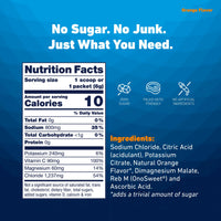 Nutrition Facts for Salty Orange: 10 calories, 800mg sodium, 240mg potassium, 90mg vitamin C, 60mg magnesium per serving. Sweetened with Reb M, no sugar, no artificial ingredients.