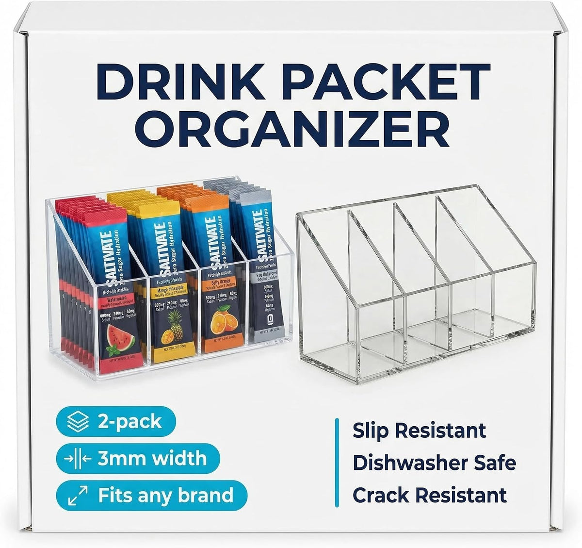 Saltivate acrylic drink packet organizer 2-pack, clear with removable dividers