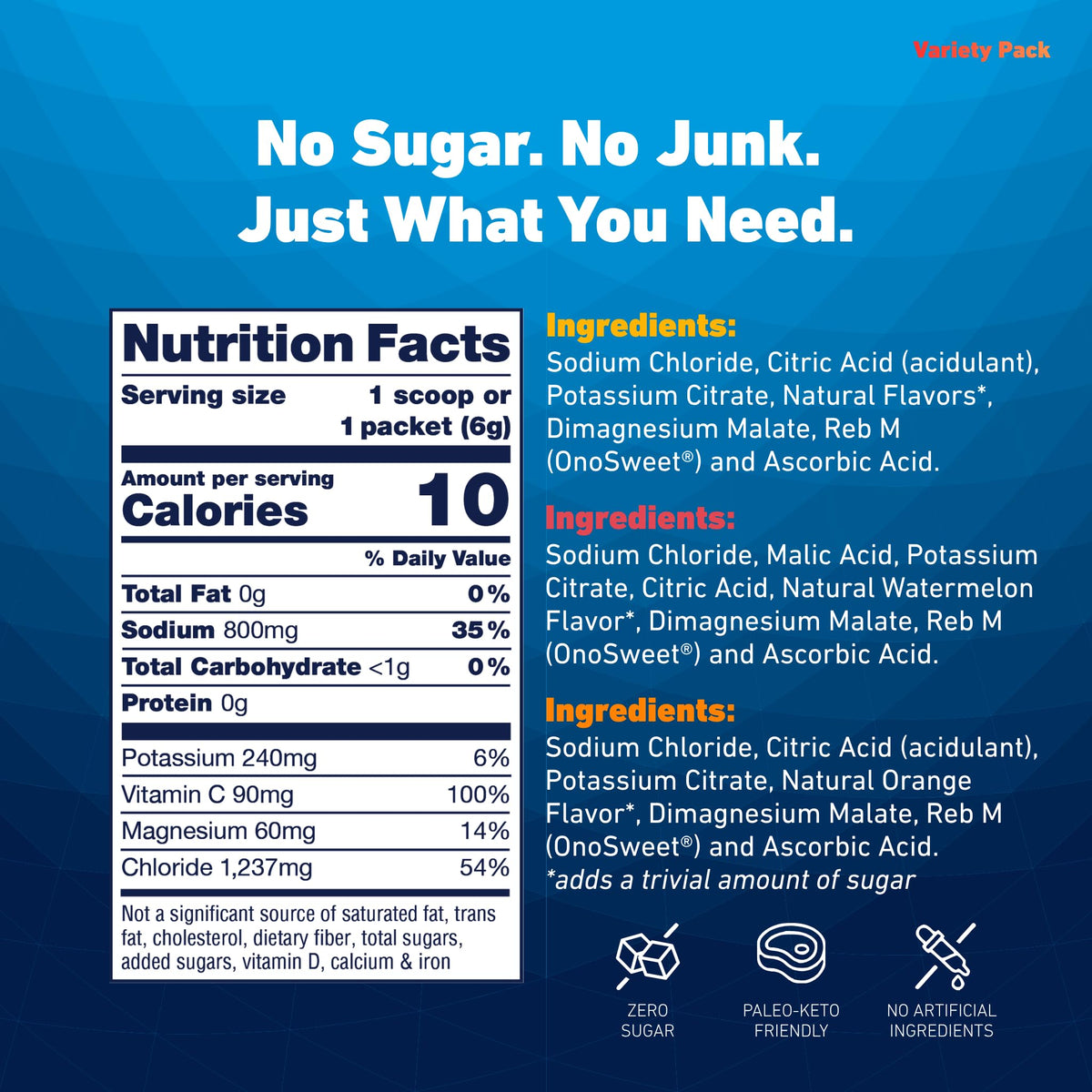 Nutrition Facts for the Variety Pack: 10 calories, 800mg sodium, 240mg potassium, 60mg magnesium per serving, with ingredient lists for all three flavors. Sweetened with Reb M, no sugar.