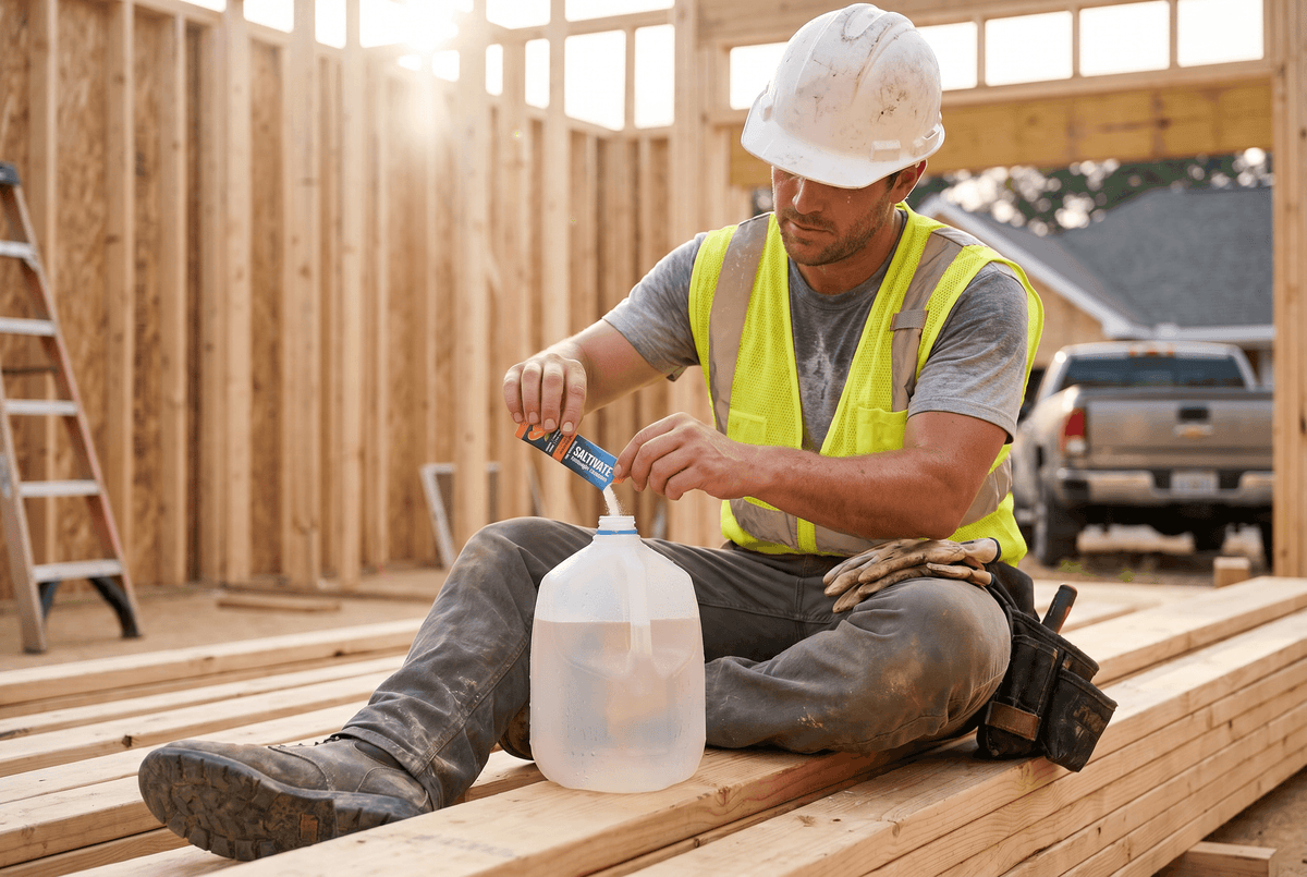 Construction worker mixing Saltivate electrolytes on a jobsite water break