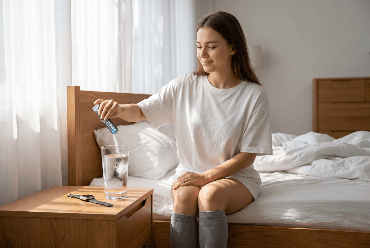 Woman with compression socks mixing Saltivate electrolytes before standing