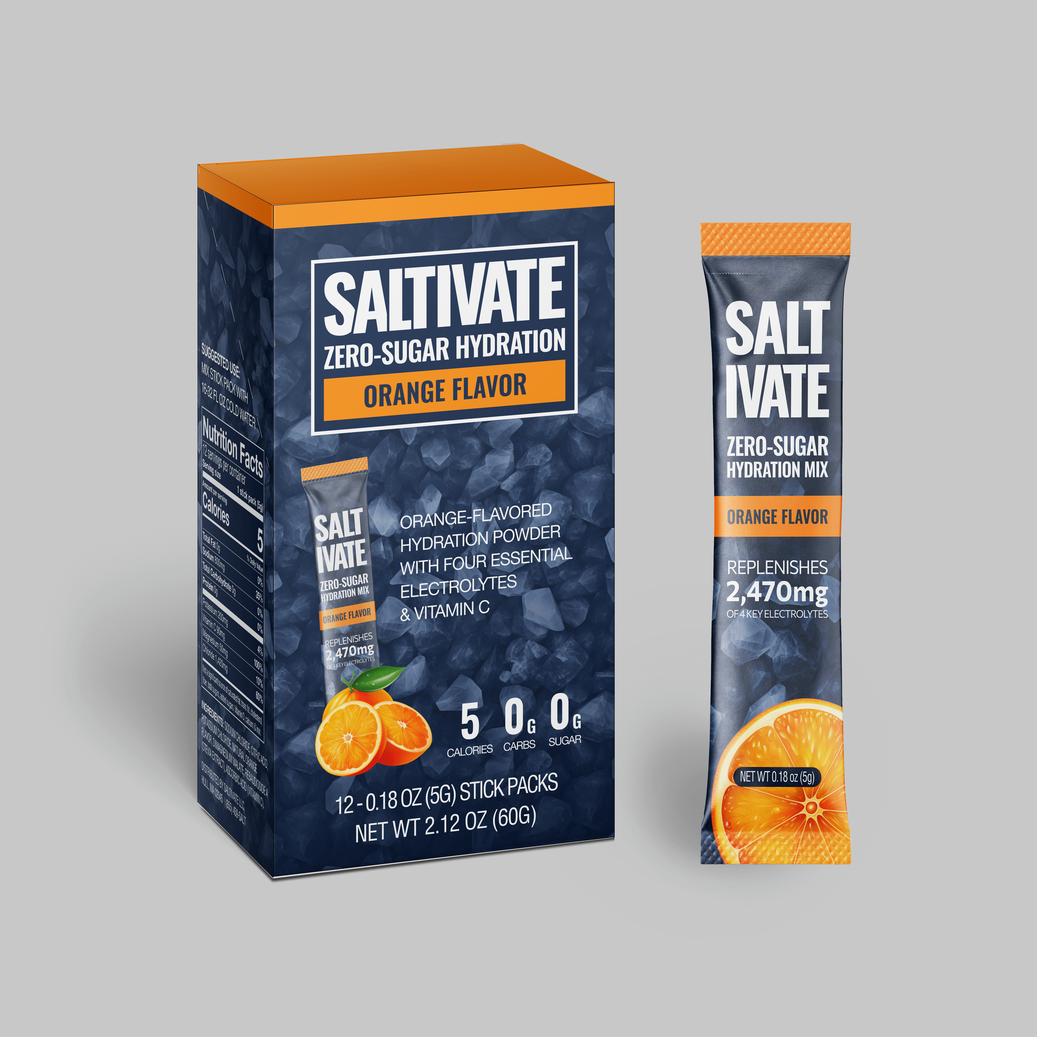 Orange electrolyte powder stick packs for convenient hydration and energy on the go, Saltivate.