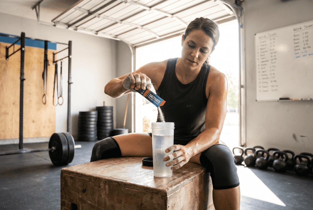 Athlete mixing Saltivate electrolytes between sets at a CrossFit box