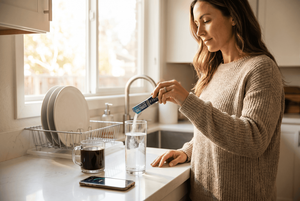 Woman mixing a Saltivate stick pack into a glass of water at a kitchen counter