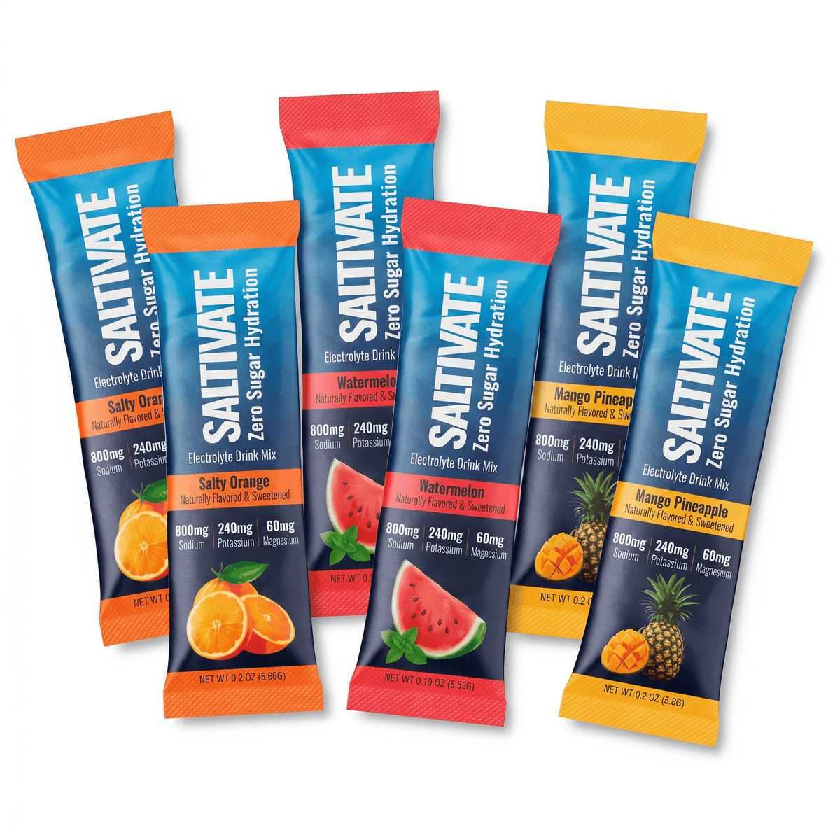 Saltivate stick packs in Salty Orange, Watermelon, and Mango Pineapple, each labeled 800mg sodium, 240mg potassium, 60mg magnesium