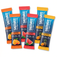 Saltivate stick packs in Salty Orange, Watermelon, and Mango Pineapple, each labeled 800mg sodium, 240mg potassium, 60mg magnesium