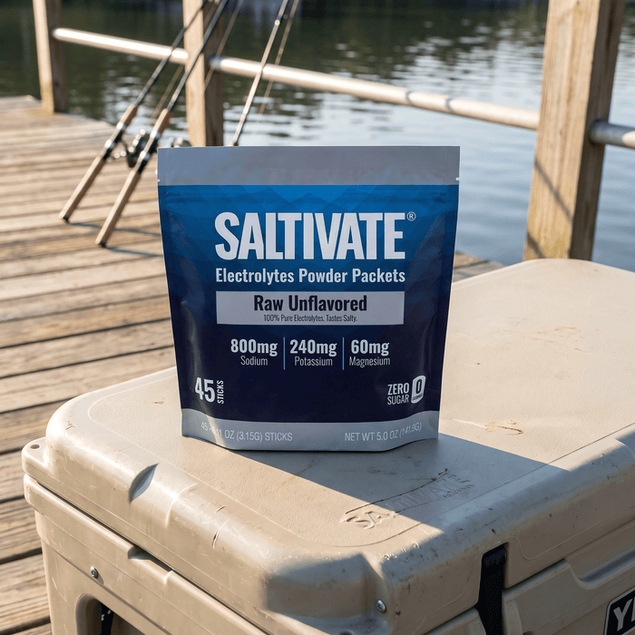 Saltivate Raw Unflavored electrolyte packets 45-count pouch on a cooler at a fishing dock