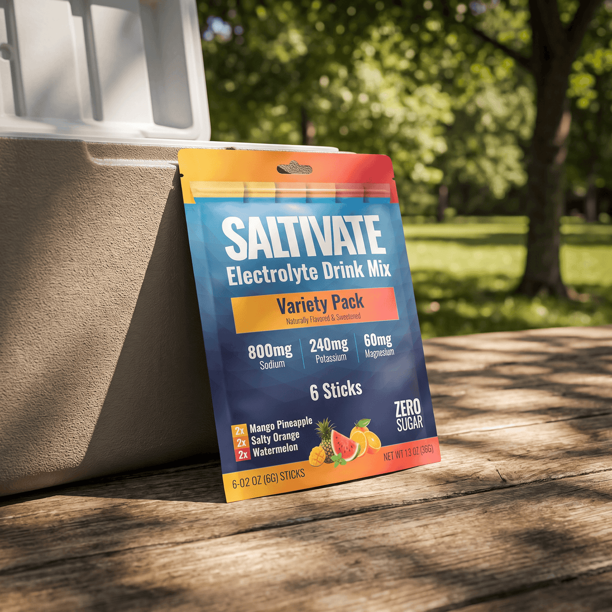 Saltivate Variety Pack 6-count pouch leaning against a cooler on a picnic table in a park