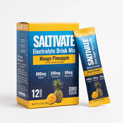 Saltivate Mango Pineapple electrolyte drink mix, 12-count stick packs, zero sugar and no stevia