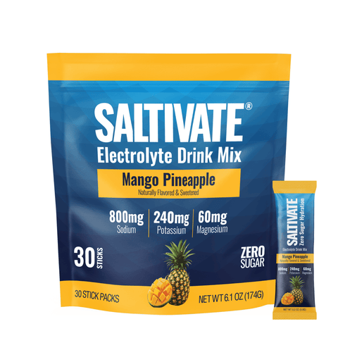 Saltivate Mango Pineapple high-sodium electrolyte drink mix, 30-count stick packs, sugar free