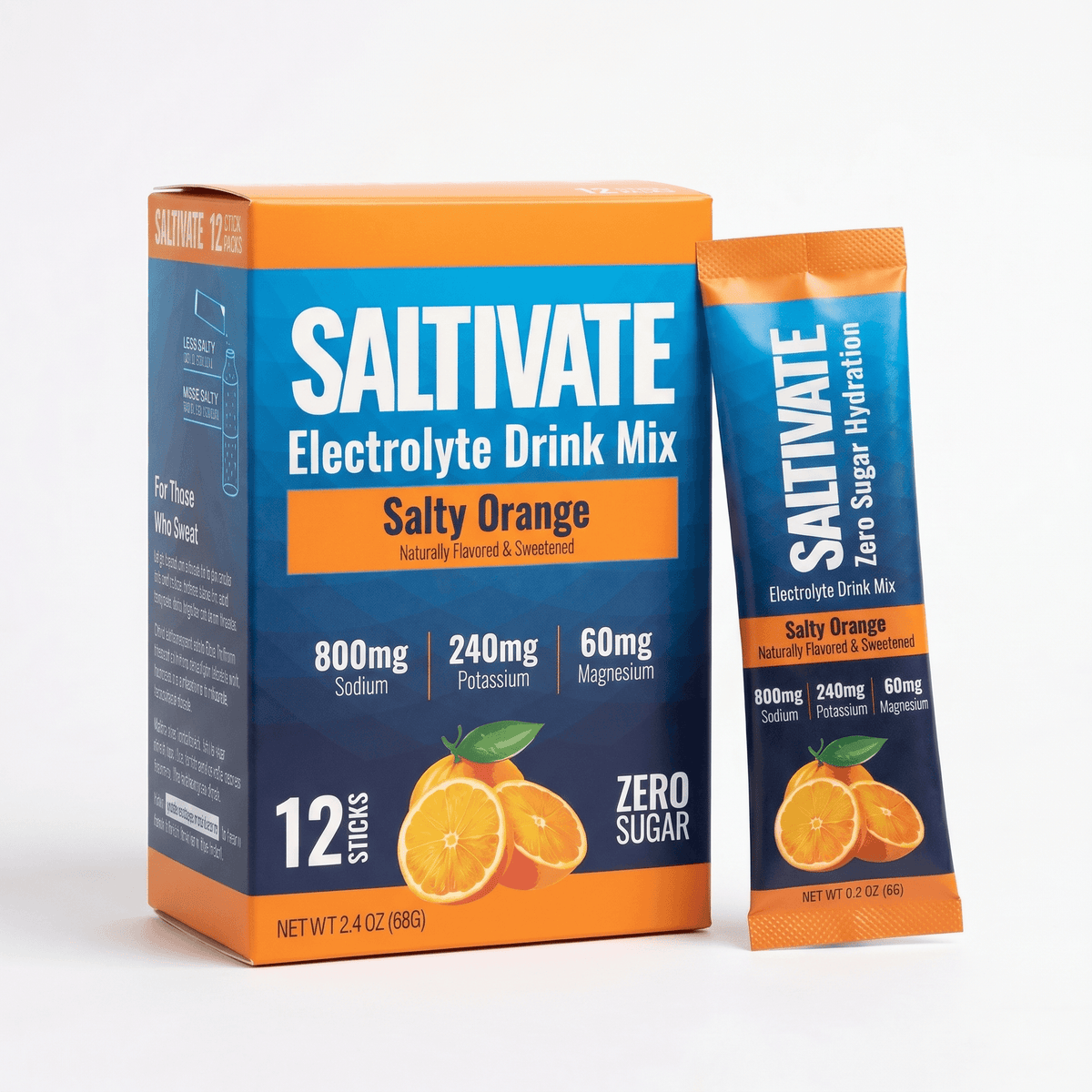 Saltivate Orange electrolyte drink mix, 12-count stick packs, zero sugar and no stevia