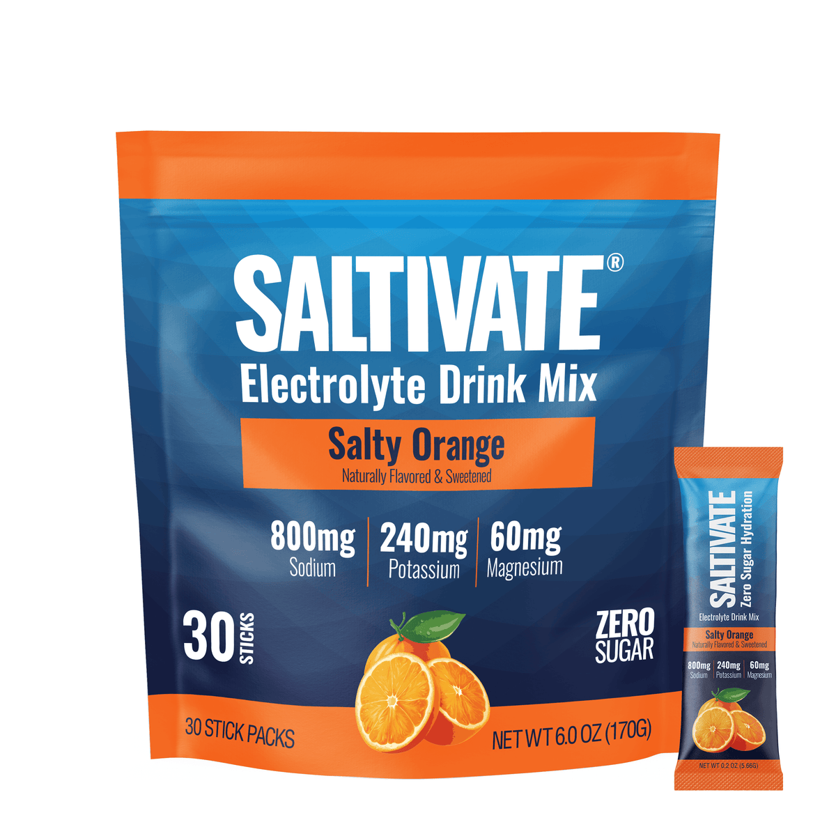 Saltivate Orange high-sodium electrolyte drink mix, 30-count stick packs, sugar free