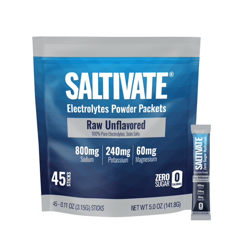 Saltivate Raw Unflavored high-sodium electrolyte drink mix, 45-count stick packs, sugar free