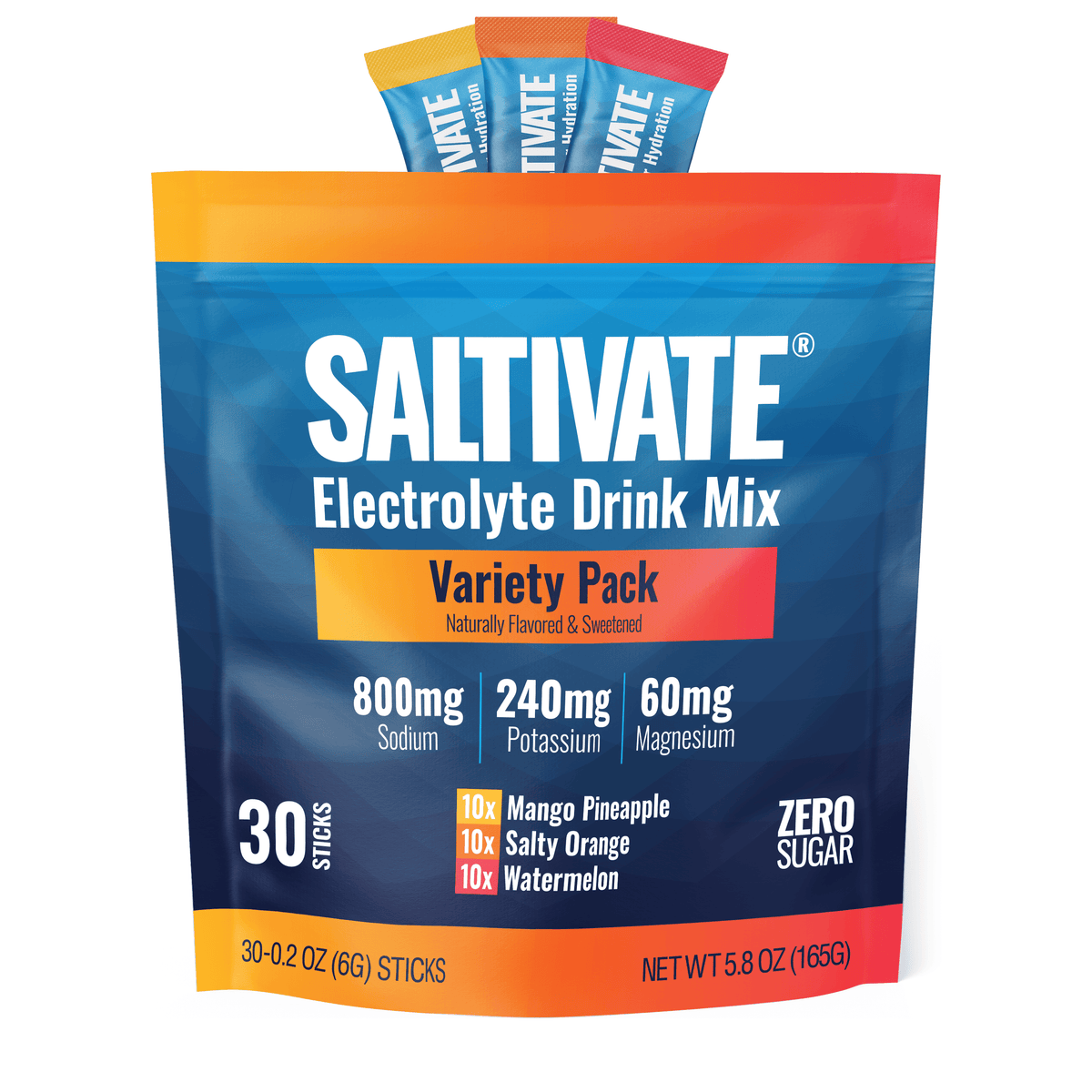 Saltivate Variety Pack high-sodium electrolyte drink mix, 30-count stick packs, sugar free