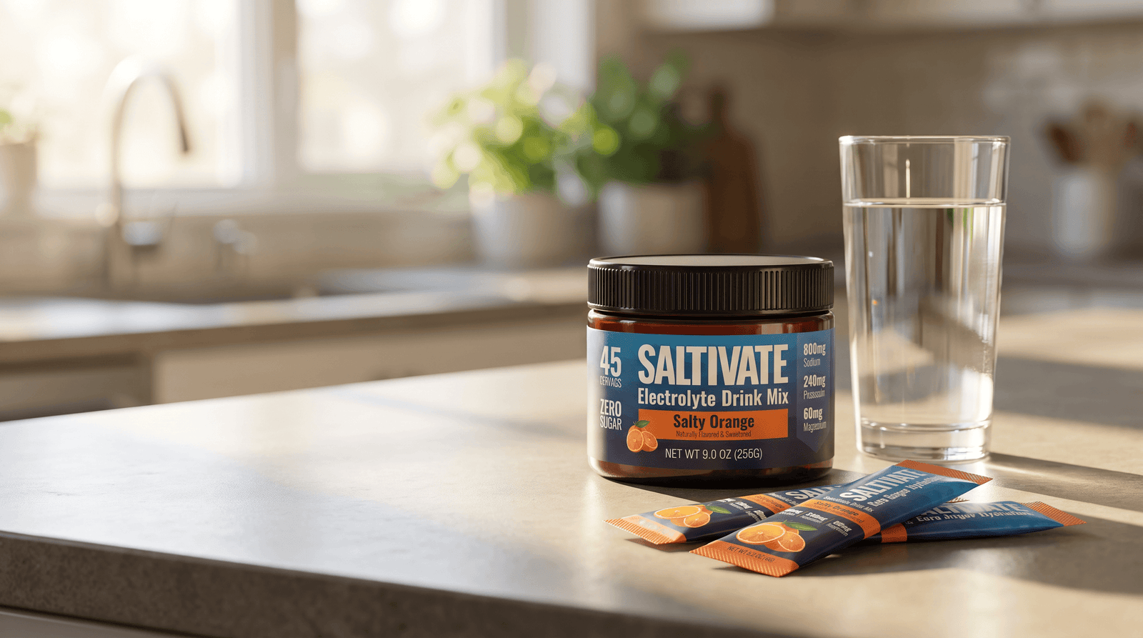 A Saltivate Salty Orange electrolyte jar and two sealed stick packets on a sunlit kitchen counter beside a glass of water