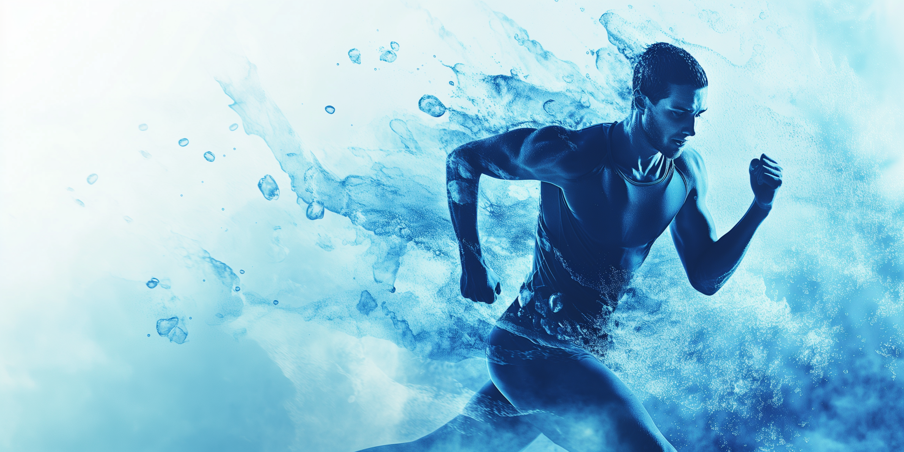 Image of an athlete sweating with droplets and salt crystals, accompanied by the text 'Sodium Loss Calculator' and a tagline about estimating sodium loss through sweat based on activity level. The design features shades of blue and white, symbolizing health and hydration.