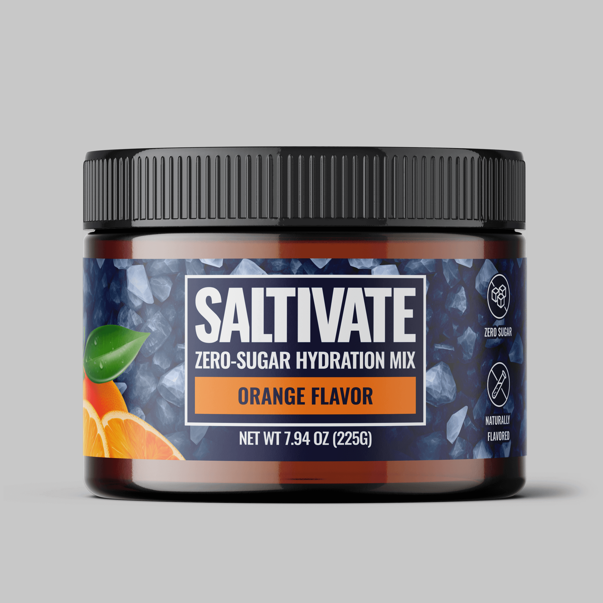 Orange flavored electrolyte powder in a 45-serving jar for optimal hydration and performance, Saltivate