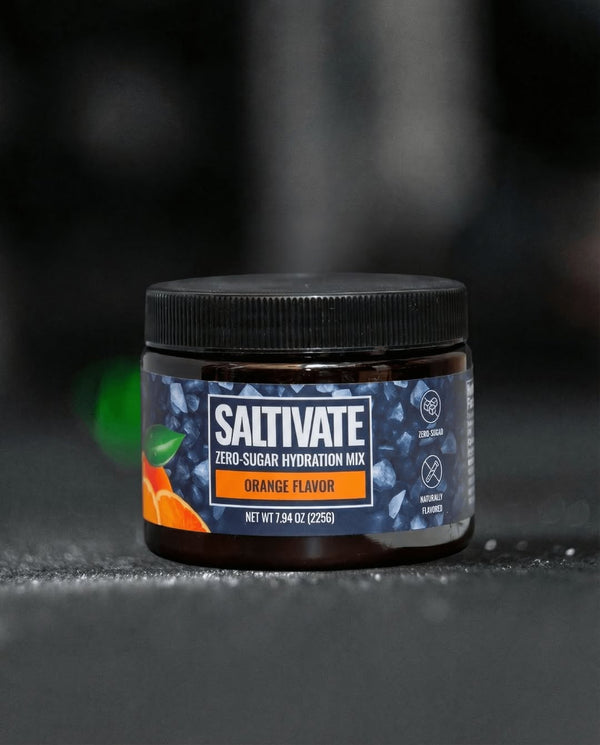 Saltivate Orange jar product shot dark background