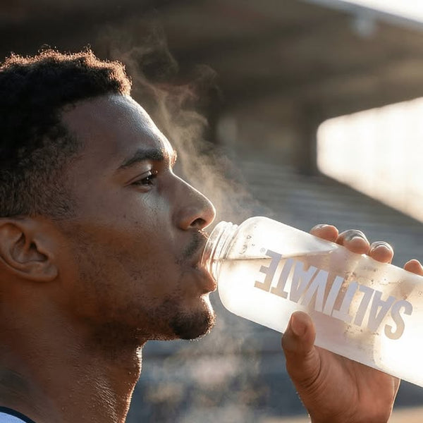 Athlete drinking from Saltivate bottle at sunset