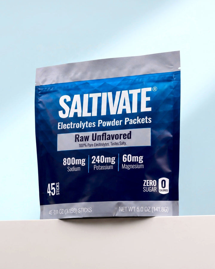 Saltivate Raw Unflavored 45-stick pouch on a white ledge against a pale blue-grey backdrop
