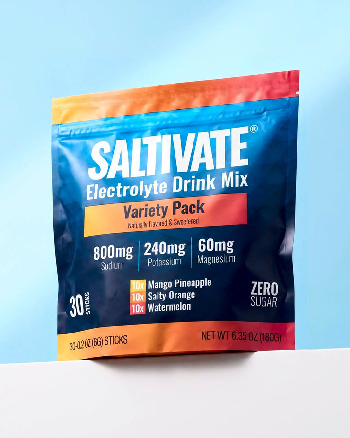 Saltivate Variety Pack 30-stick pouch on a white ledge against a pale sky blue backdrop