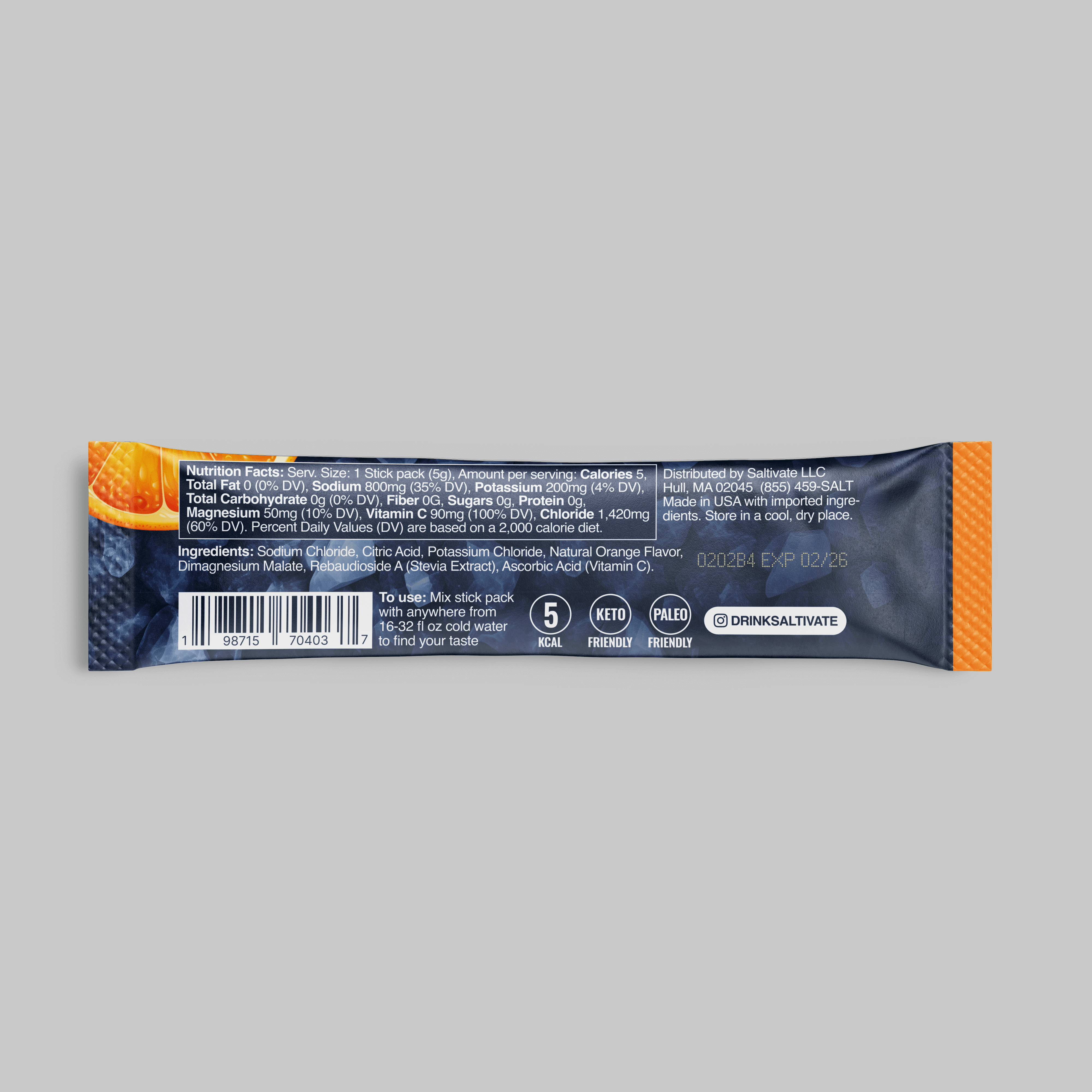 Orange electrolyte powder stick packs in a 3-pack trial bag, featuring the Saltivate brand.