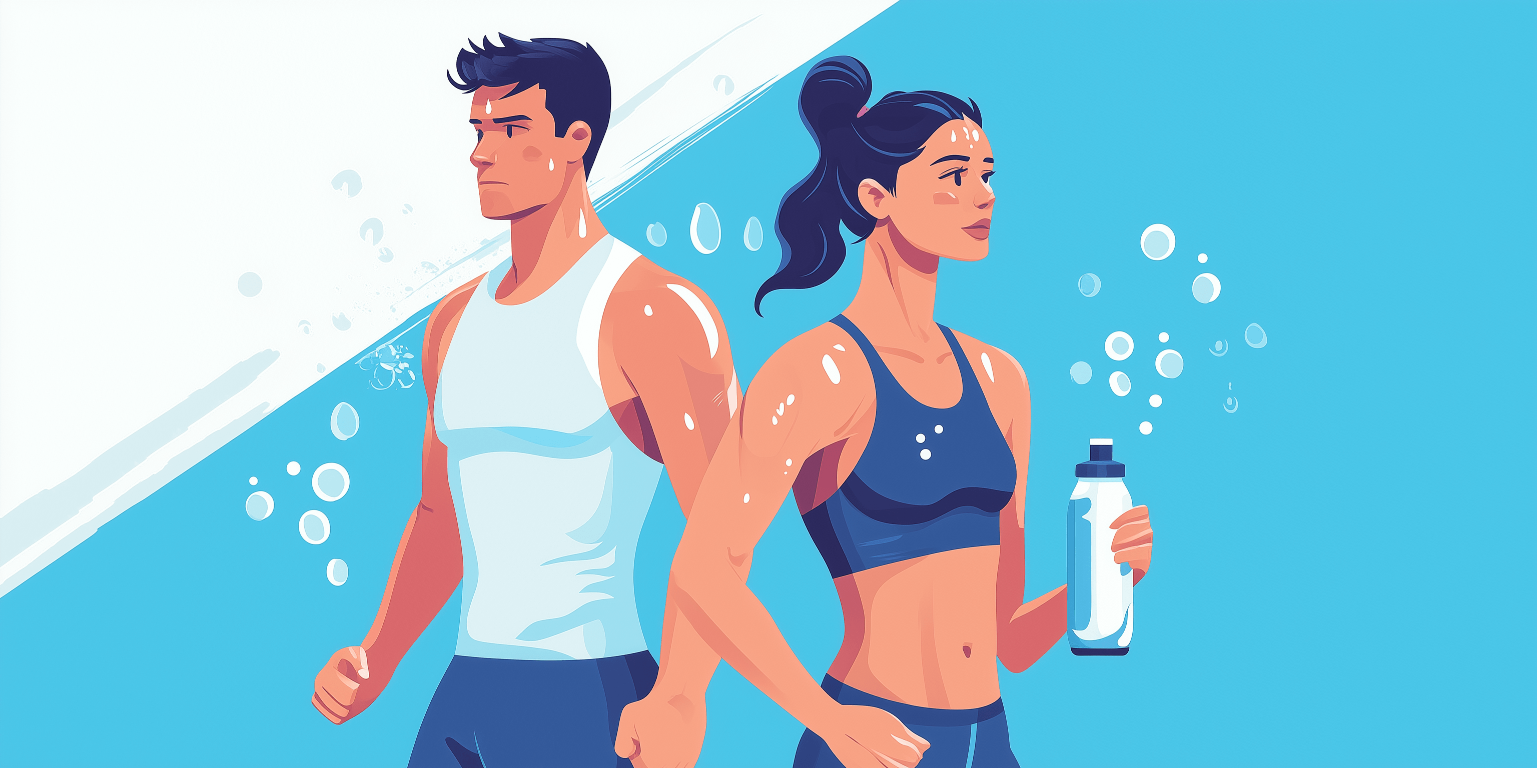 Illustration of a man and a woman sweating after a workout, with visible sweat droplets on their bodies. The man is wearing a white tank top, and the woman is in a blue sports bra, holding a sports bottle. The background features a cool blue and white color scheme, emphasizing themes of hydration and fitness.