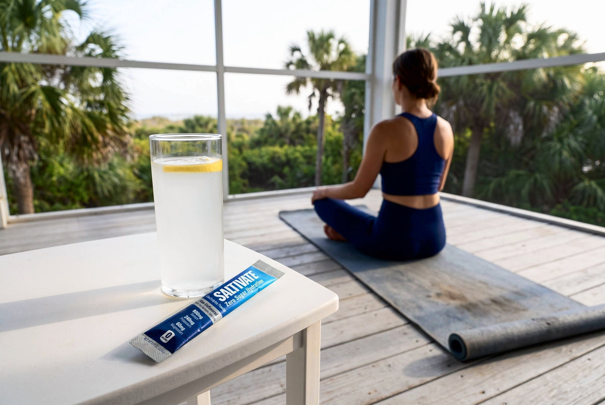Saltivate Raw Unflavored stick pack and lemon water on a porch table