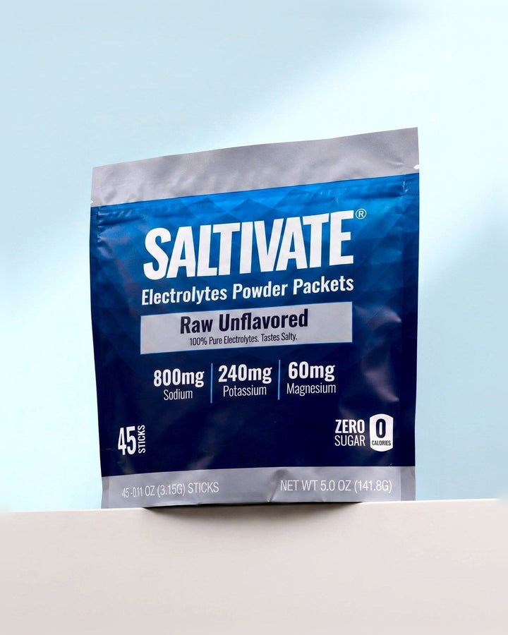 Saltivate Raw Unflavored 45-stick pouch on a white ledge against a pale blue-grey backdrop