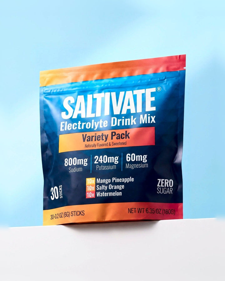 Saltivate Variety Pack 30-stick pouch on a white ledge against a pale sky blue backdrop
