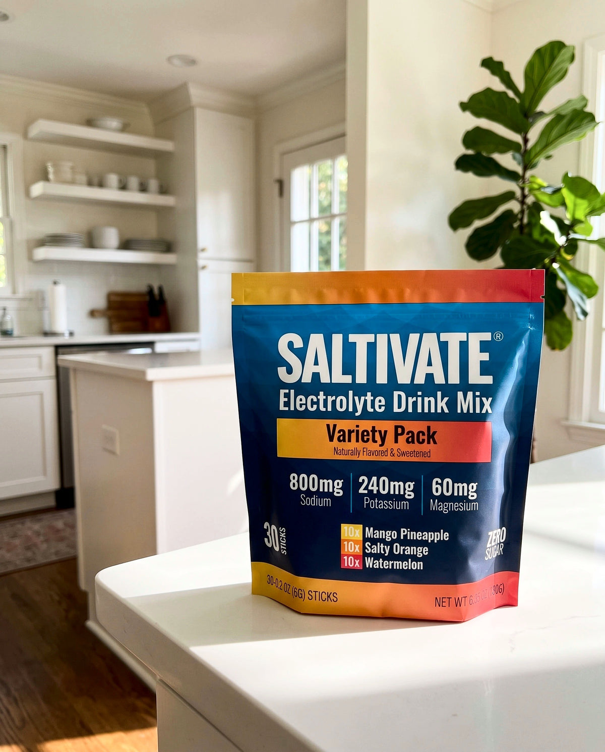 Closed Saltivate Variety Pack 30-stick pouch on a sunny white kitchen counter