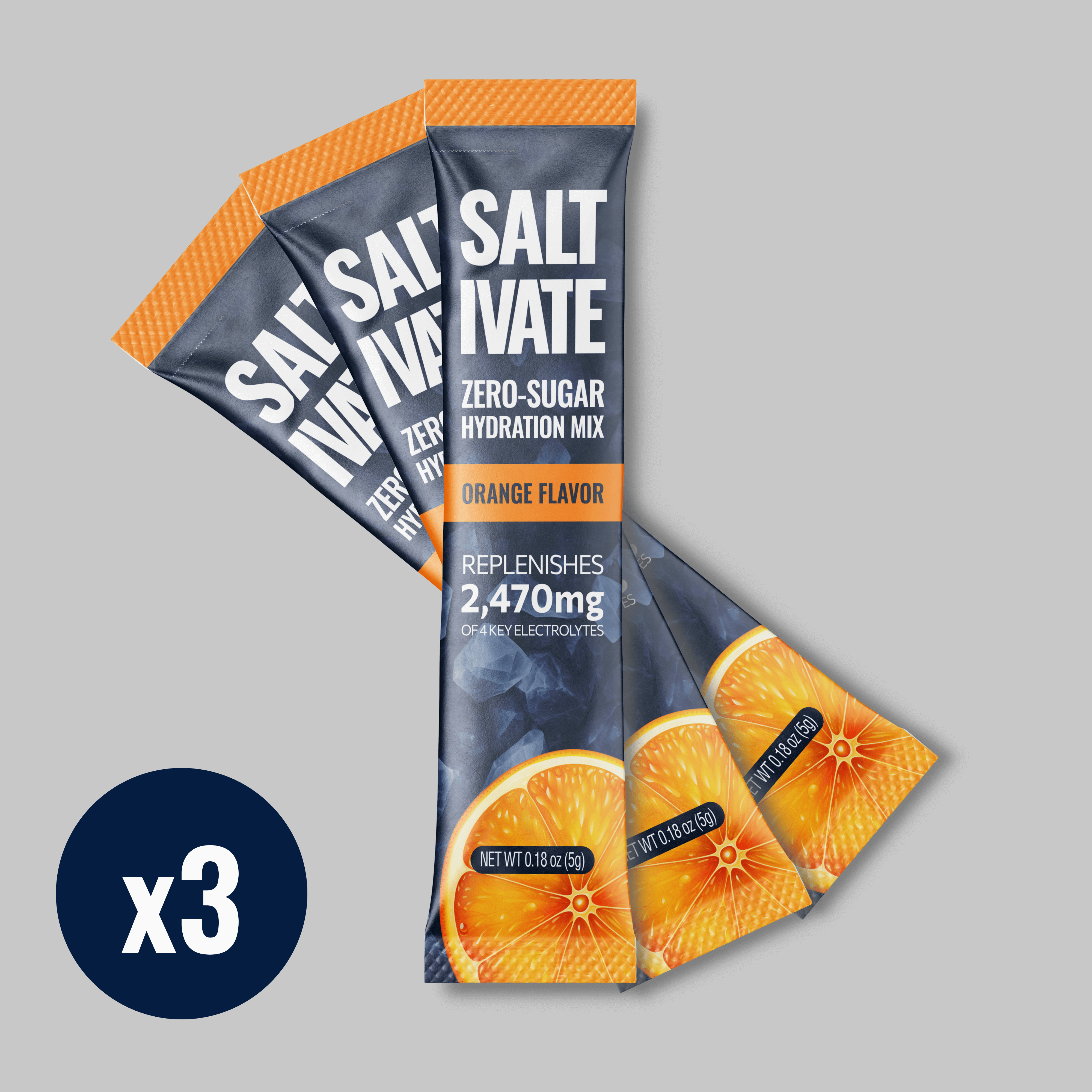 Electrolyte-rich orange powder packets in a convenient trial pack, Saltivate